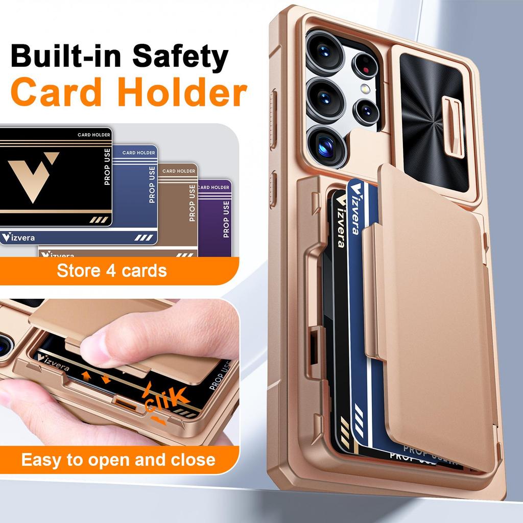 With Card Holder Sliding Camera Cover And Stand For Samsung Galaxy S25 Ultra Phone Case, Anti-Fall PC+TPU Wallet Case-Champagne
