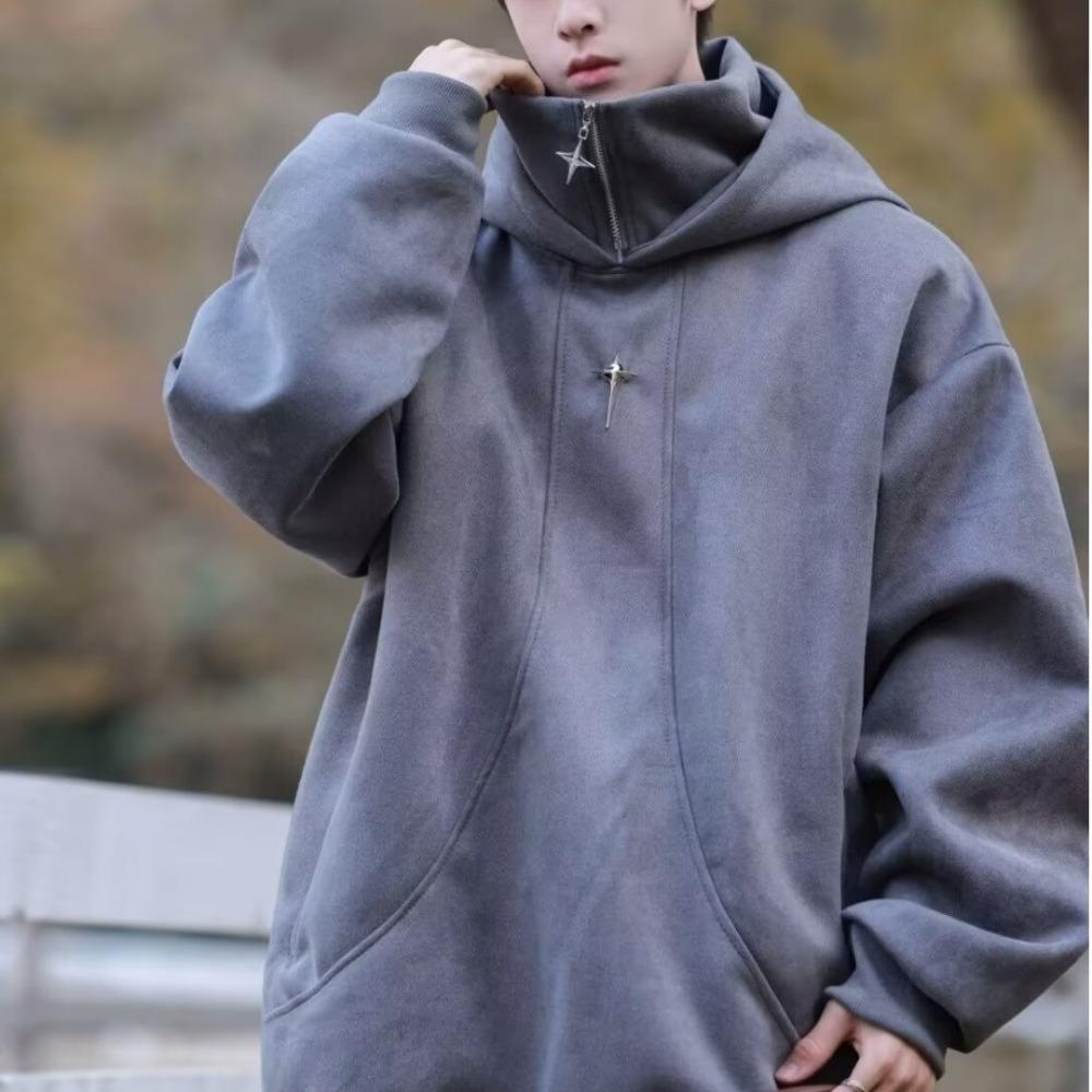 Suede American Turtleneck Sweater Men's Autumn and Winter Models, Trendy Brand Loose Casual Velvet Semi-zipper Hooded Jacket