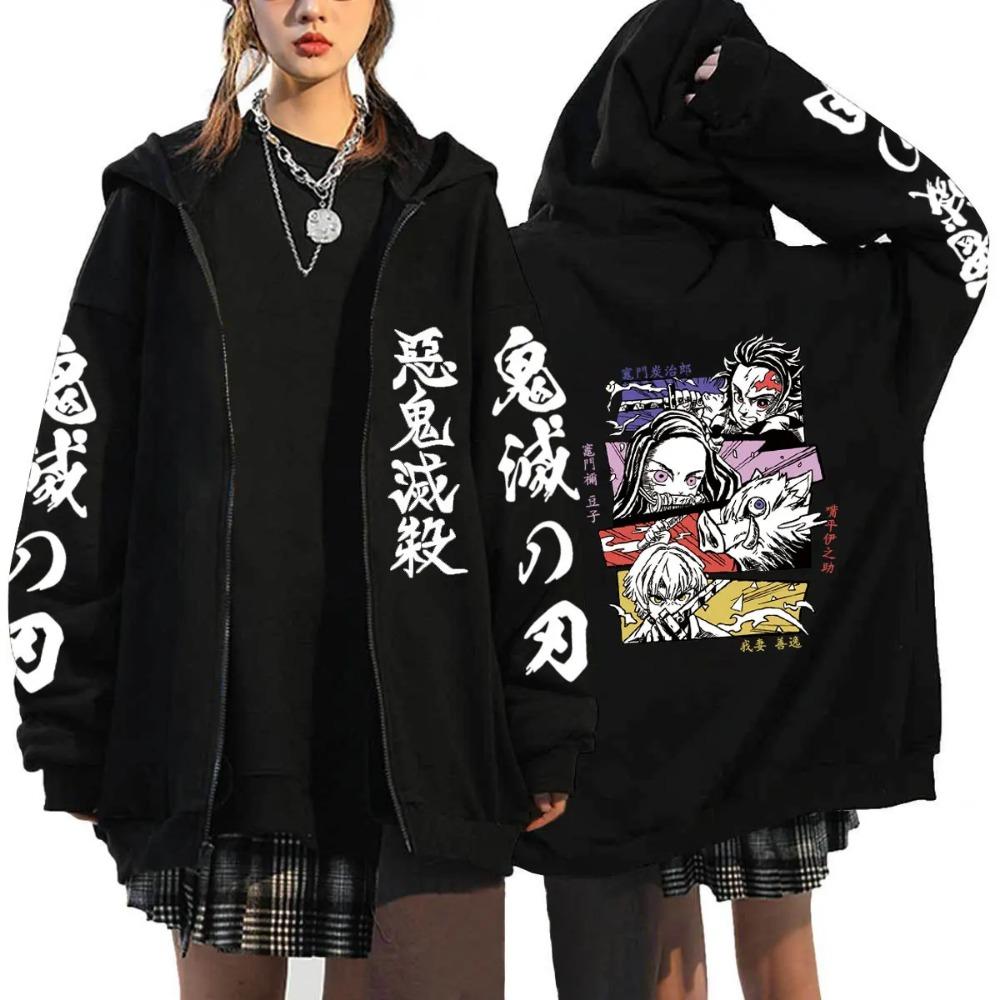 Demon Slayer Reißverschluss-Hoodie Herrenbekleidung Damen Herren Anime Übergroße Hoodies Mantel Oberteil Femme Sweatshirts Jacken mit durchgehendem Reißverschluss