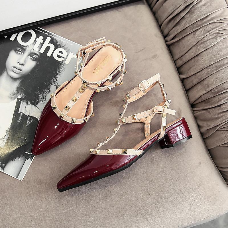 Spot Second Hair~ Patent Leather Rivet Pointed Single Shoes 2025 New Spring and Autumn Bag Head Hollow One-word Buckle Sandals
