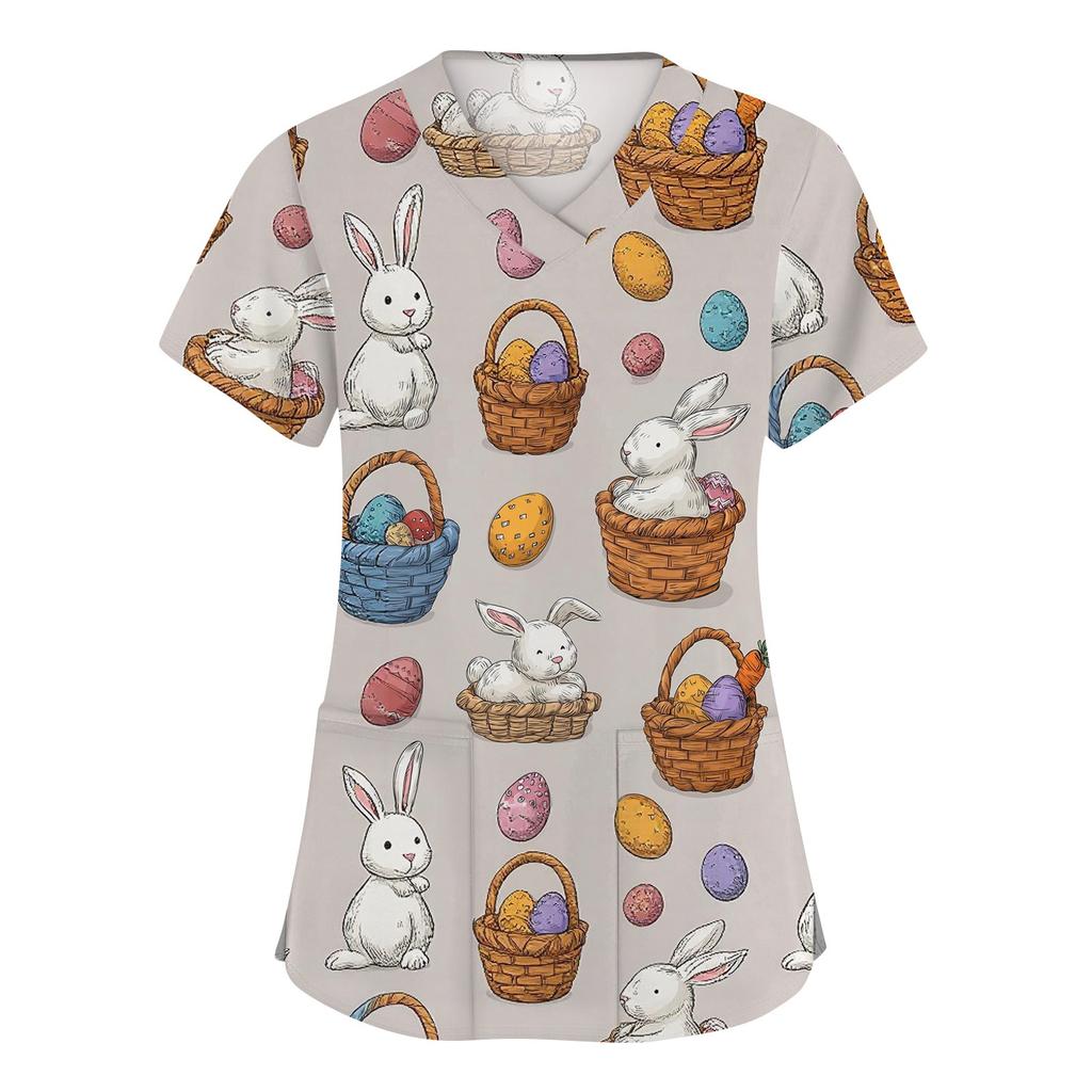 Moda damska Odzież robocza z dekoltem w serek i krótkimi rękawami z kieszeniami Topy z nadrukiem