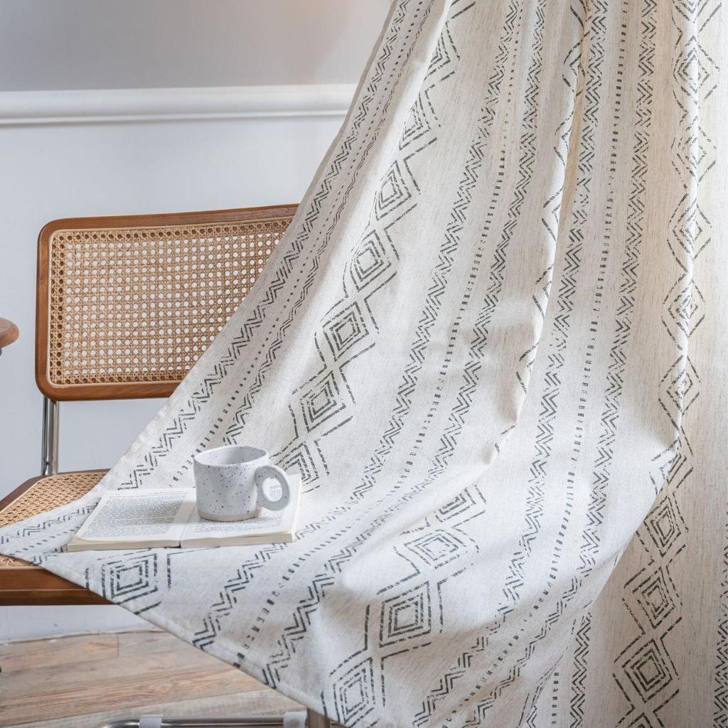 French retro curtain finished semi-blackout kitchen black geometric printing polyester hemp bay window curtain