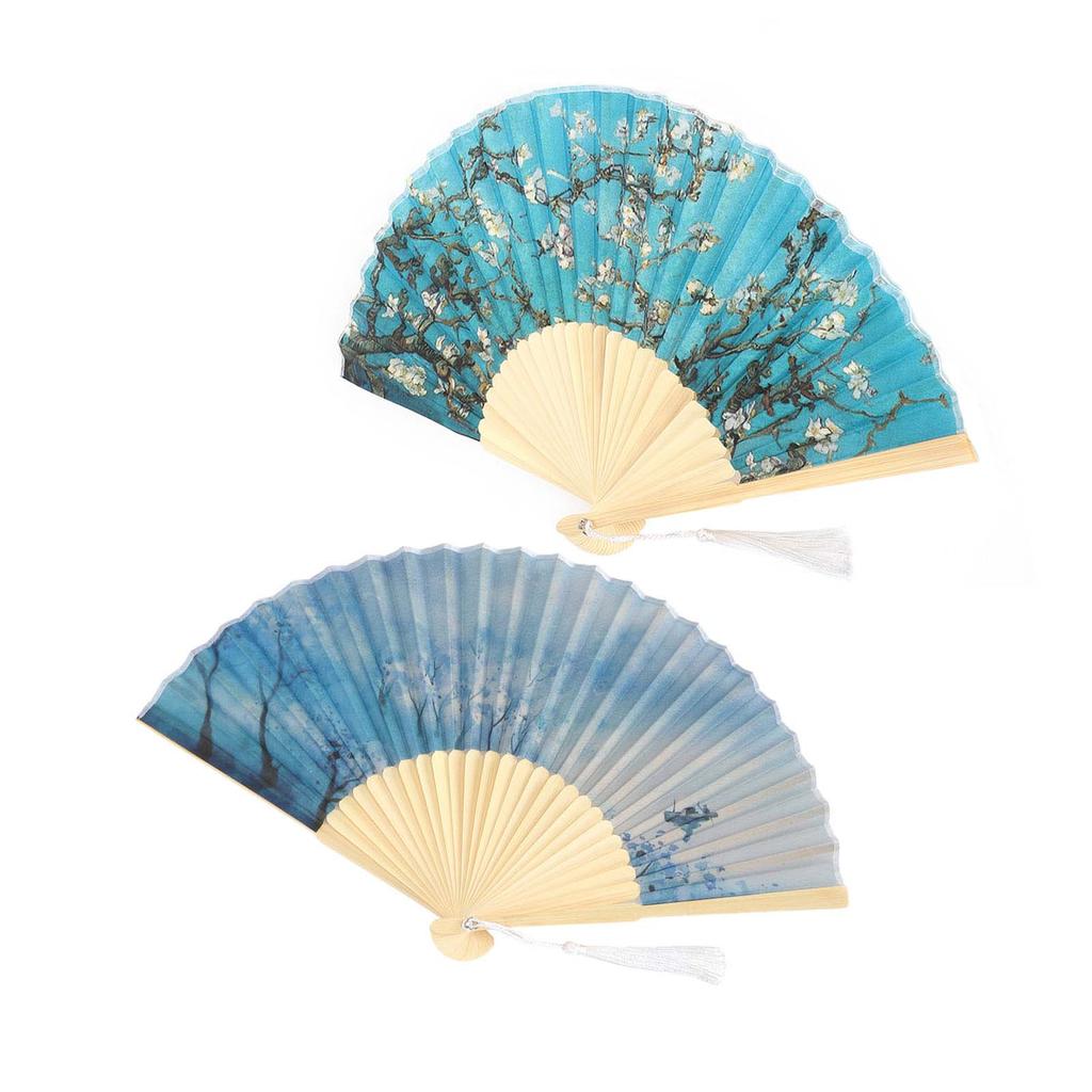 2Pcs Folding Fan Manual Bamboo Hand Held Apricot Blossom Wash Painting Weather Decoration Craft