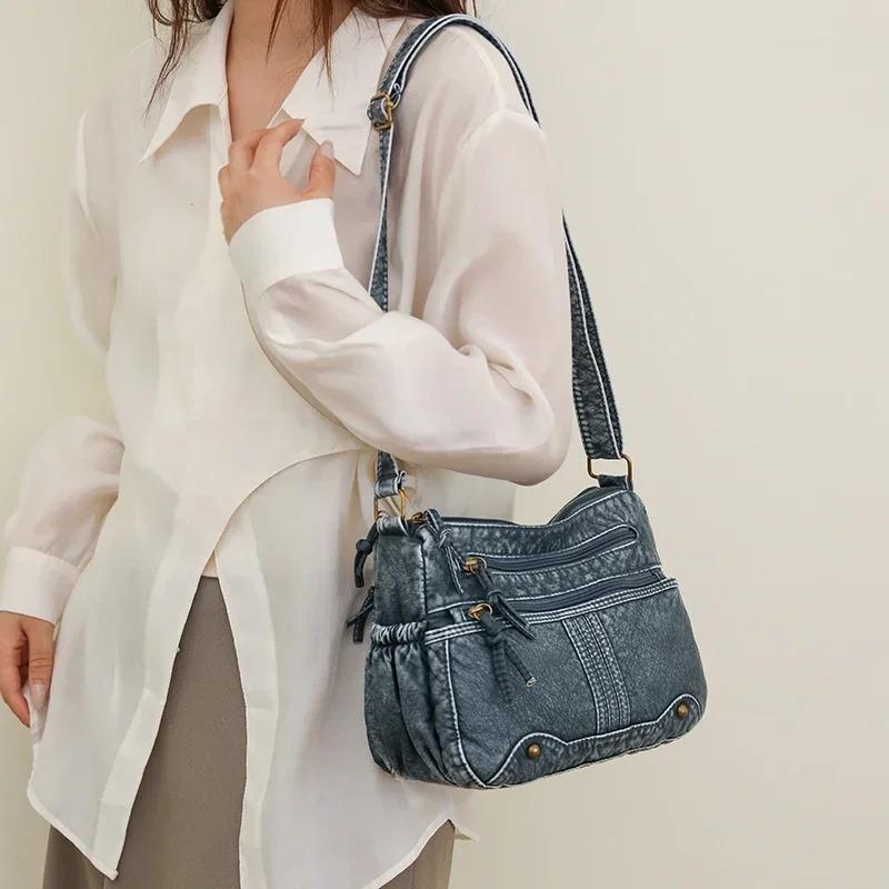 2025 Zipper Denim Women's Crossbody Bag Solid Color Popular Casual Shoulder Bag Versatile Lightweight Handbag