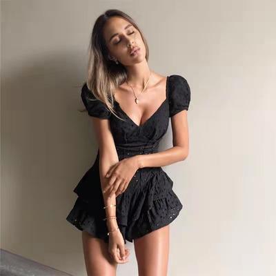 Fashion V Neck Ruffles Pleated Dress Women Puff Sleeve Chic Black Summer Dress Party Hollow Out Vintage Corset Ladies