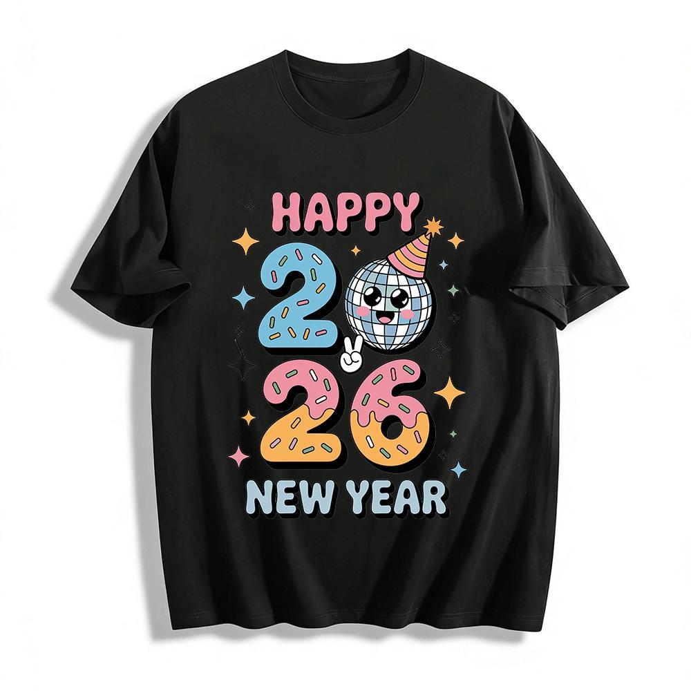 2026 New Year Donut Disco Ball Print Casual Party Top Pure cotton T-shirt XXS