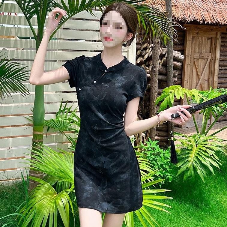 Retro style disc buckle butterfly improved cheongsam dress feminine temperament slim waist hip skirt South East Asia