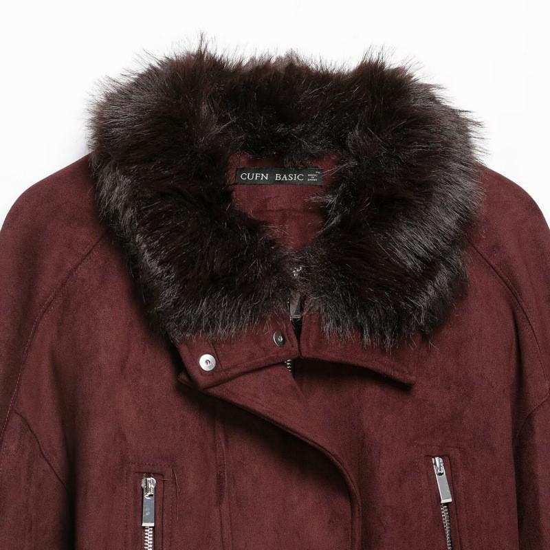 PBZA Womens Faux Fur Collar Belted Jacket Solid Color Casual Commute Outerwear