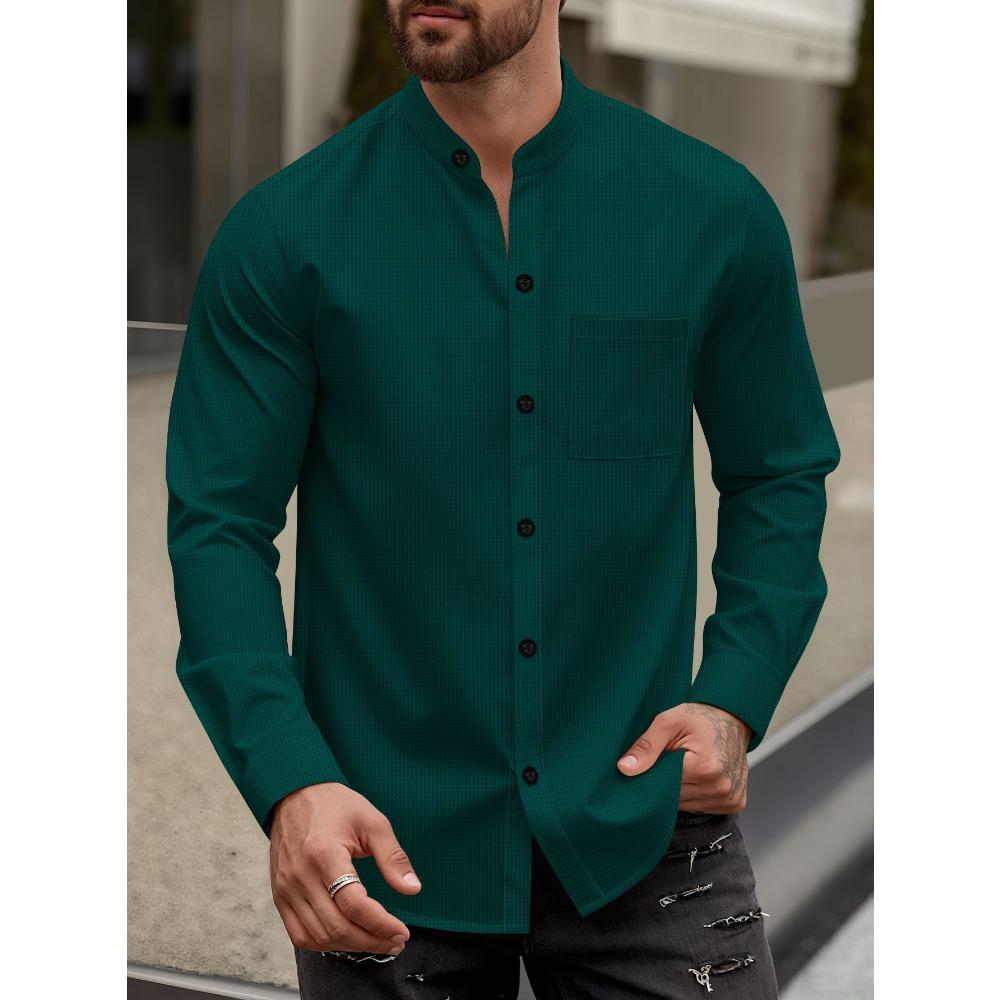 Heren Nieuwe Stijl Effen Wafelpatroon Knopen-Down Opstaande Kraag Lange Mouwen Shirt Casual Top