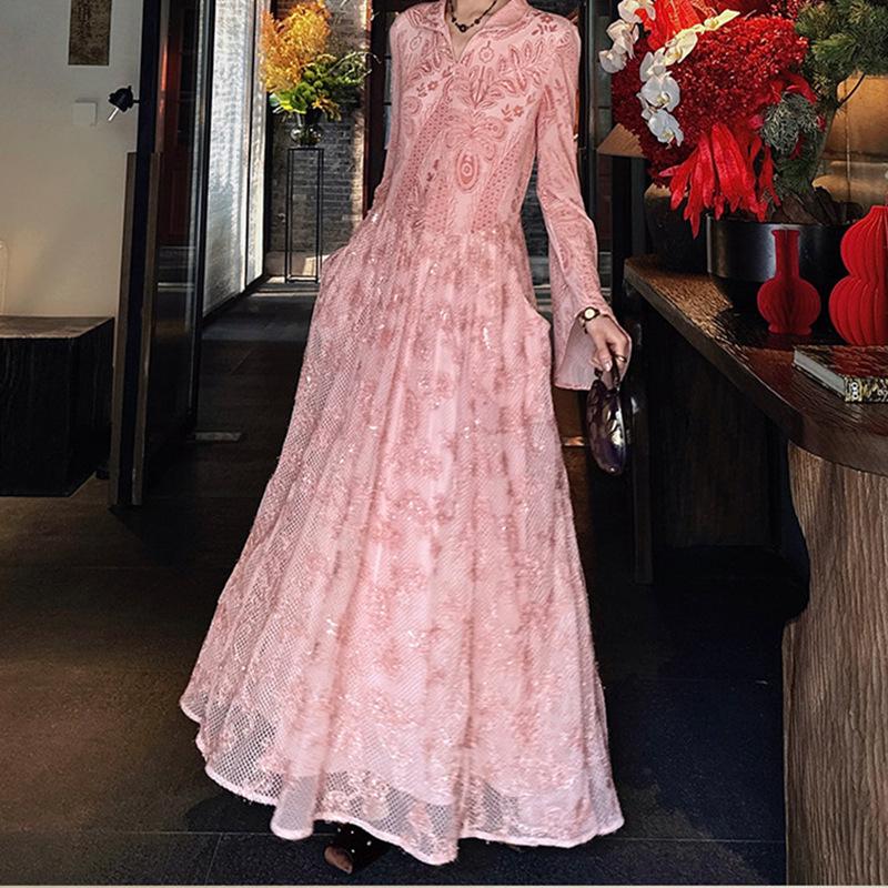 

Paisley Elastic Mesh Hand-Embroidered Sequin Skirt - Spring 2026 Fashion, Slim Waist, Long Length Large рожевий/персиковий