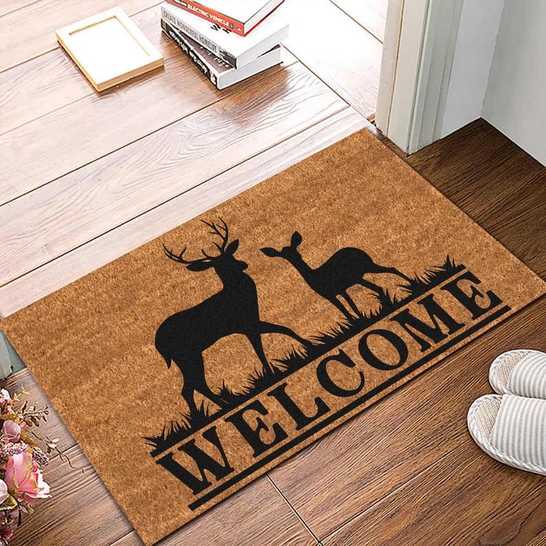 Hirsch Willkommen Musterdruck Fußmatte Niedliche Heimdeko Saugfähig Rutschfest Teppich Innen Außen Eingangsbereich Dekoration Fußmatte