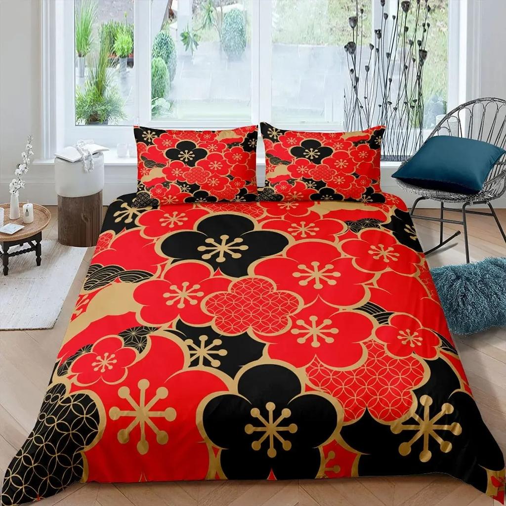 Japanese Style Duvet Cover Koi Fish Cherry Ukiyo-E Geisha Quilt Cover Sun Crane Polyester Japanese Culture Theme Bedroom Decor