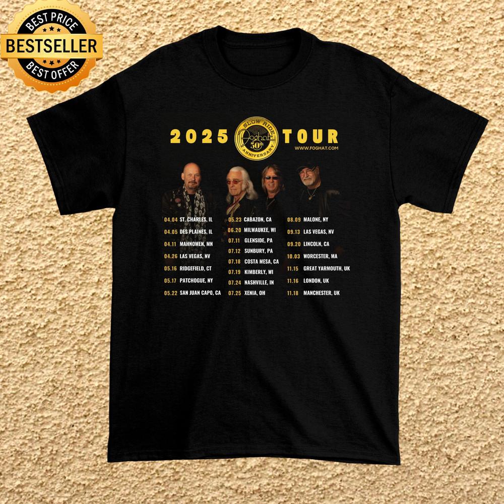 

Foghat 50th Anniversary 2025 Tour Dates T Shirt Black All Size Gift Unisex T-Shirt XXL