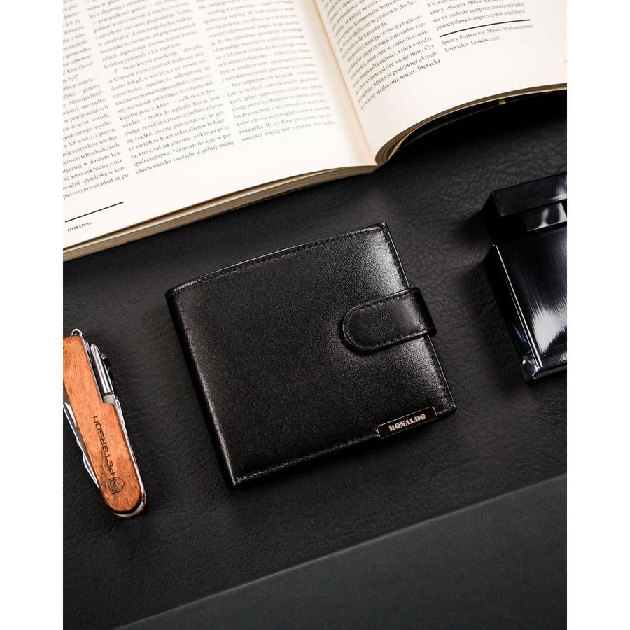 Black, Horizontal, Spacious Men's Wallet Made of Genuine Leather, Closed with a Snap - Ronaldo
