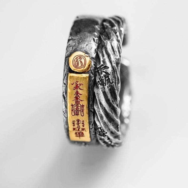 Adjustable Open Ring Men Women Vintage Chinese Style Copper With Tian Guan Ci Fu Inscription Retro Geometric Design