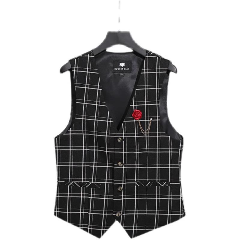 Men s Slim Fit Black Plaid Vest - Korean & British Style Business Casual Outerwear 4XL [65-70 kg]