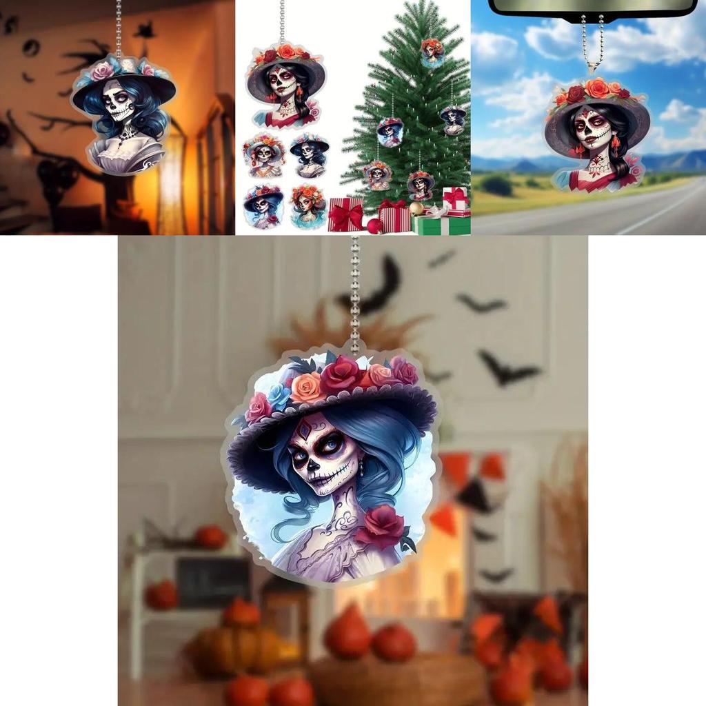 Car Decor Acrylic Halloween Cartoon Skull Flower Hat Design Pendant With Beaded Chain For Auto Interior