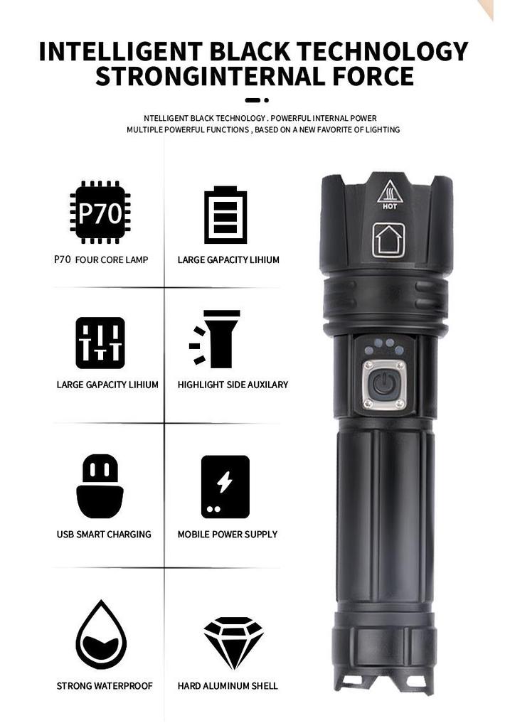 XHP70 High-Brightness LED Flashlight - Aluminum Alloy, Telescopic Zoom, Electric Display, Waterproof, Multifunctional Outdoor Handheld Light