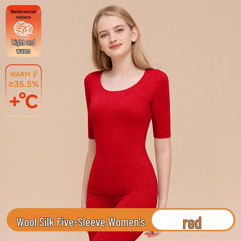 

Women s Wool Silk Mid-Sleeve Fleece-Lined Top - Warm Autumn Base Layer Large