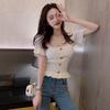 Women Summer Knitted T-shirt Tops Square Collar Short-sleeved Slim Ruffled Ice Silk Outer Wear Short Solid