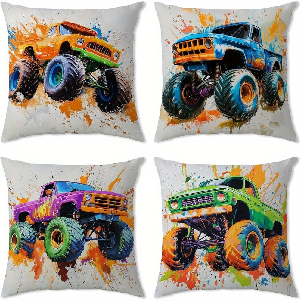 Home Decor Colorful Monster Trucks Print Pillow Covers Pattern Cushion Cover Suitable for Sofa Bedroom Car Pillow Cover