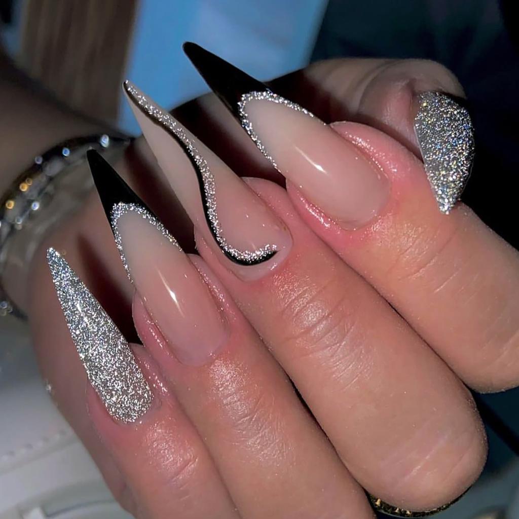 24 Pieces European and American Long Pointed Nail Nail Patch Solid Color Silver Glitter Wearing Nail French Black Line Nail Piece