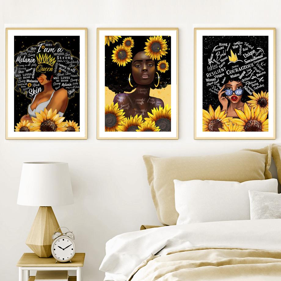 Abstract Sunflower Afro Girl Black Beauty African Art Canvas Painting Nordic Posters And Prints Wall Pictures Living Room Decor No Frame