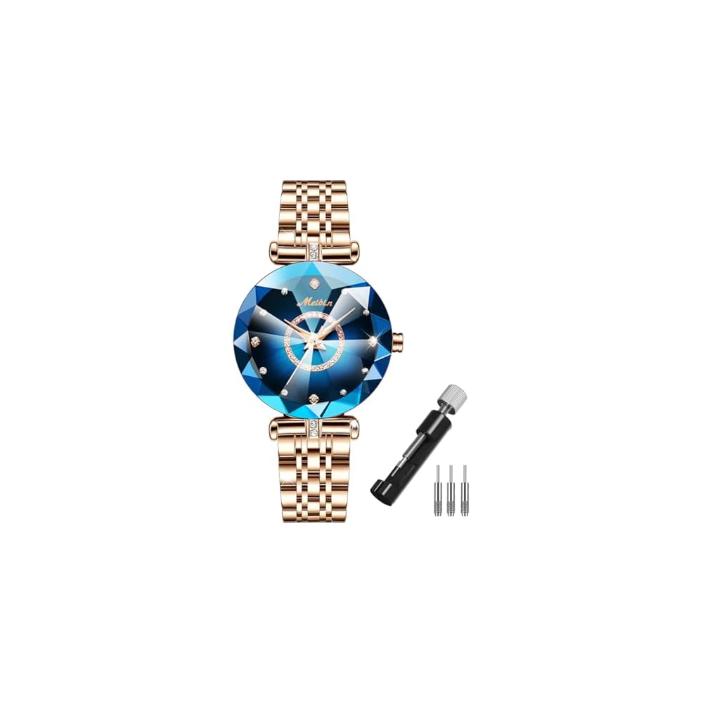 Rose Gold Women s Watch Stylish Waterproof Stainless Steel Business Gift with Crystal Blue Details