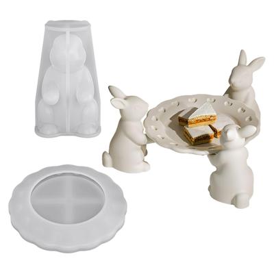 3D Easter Bunny Tray Silicone Mold Set Easter Rabbit Epoxy Resin Mold Cute Rabbit Holding Tray Plate Concrete Craft Decoration