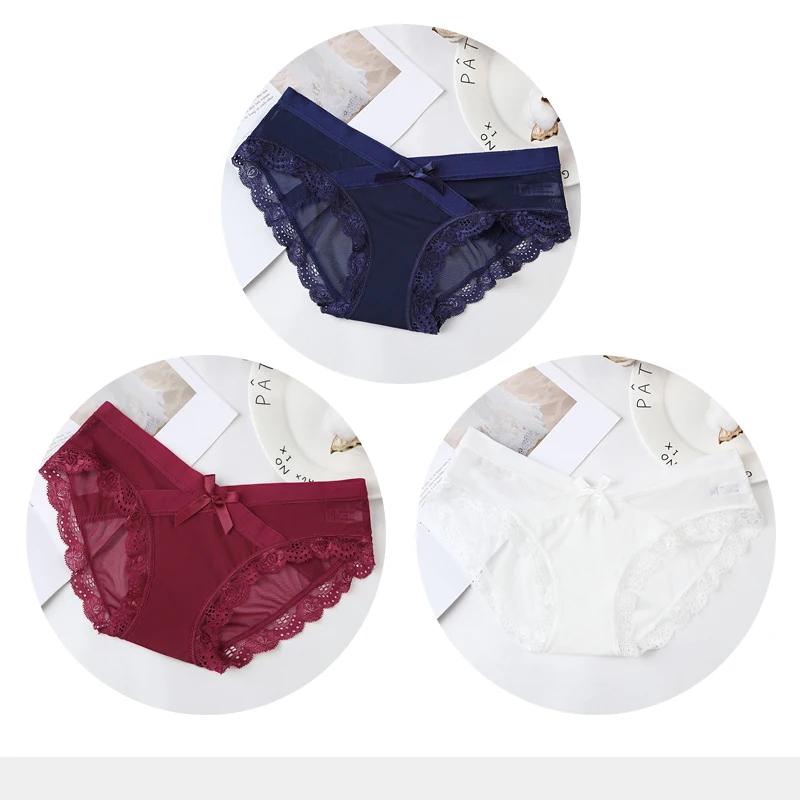 Women's Sexy Panties Transparent Mesh Breathable Briefs Underwear Low-Rise Bow Floral Panty for Lady Girl 3 Pcs/set