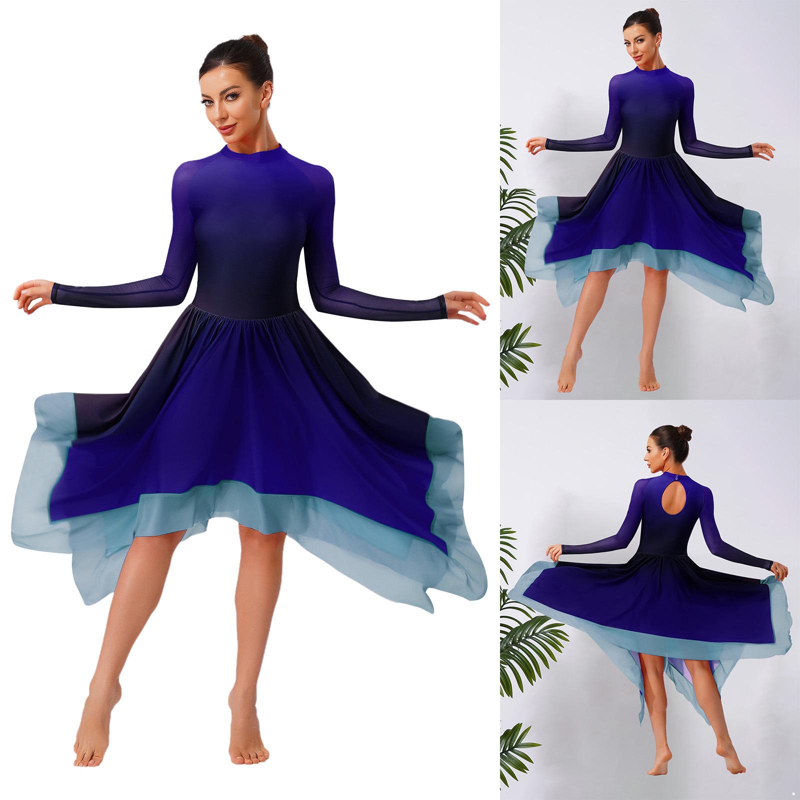 

Жіноча лірична танцювальна сукня Градієнтний колір Сітка Довгі рукави Асиметричний поділ Задня застібка-ключик Сукня-боді S королівський синій колір