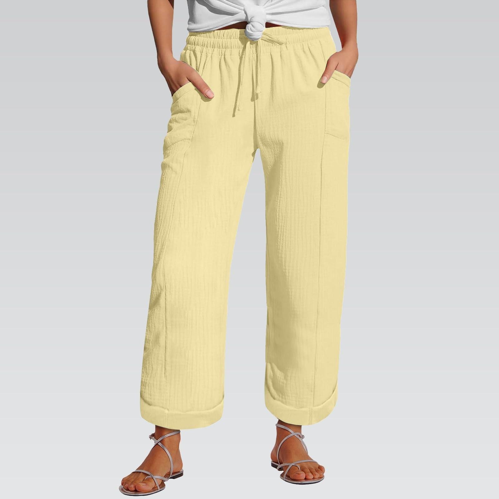 

Women s Pants Fashion Casual Pants Solid Color Drawstring High Waist Pants With Pockets M жовтий
