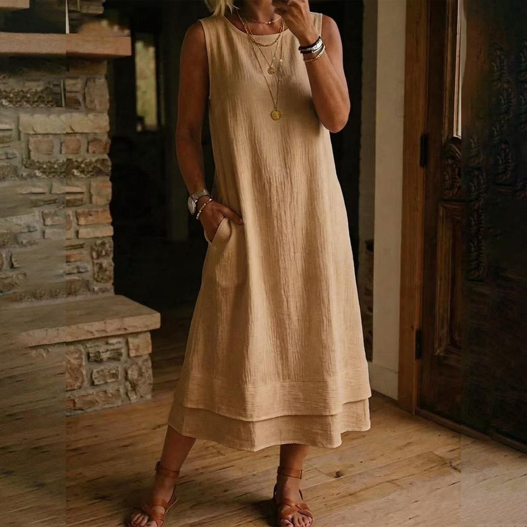 Ladies' Fashionable Casual Cotton And Linen Round Neck Sleeveless Dress