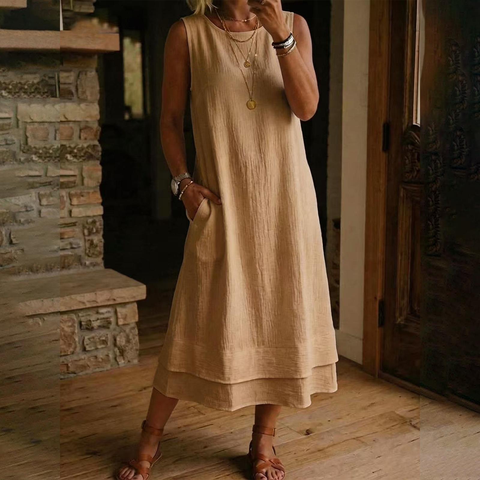 Ladies  Fashionable Casual Cotton And Linen Round Neck Sleeveless Dress S
