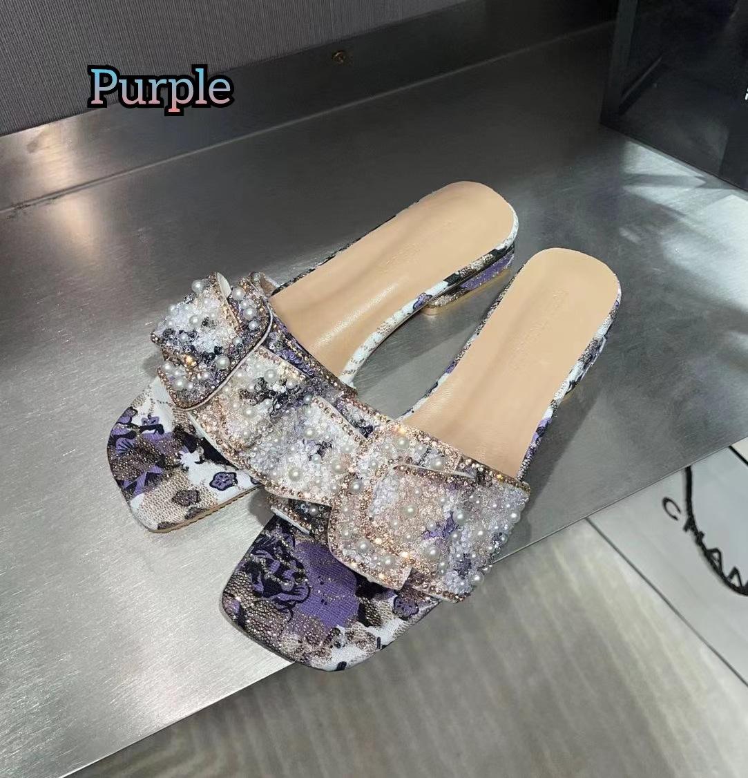 

Стразы одно слово тапочки на толстом каблуке 2025 новая летняя прохладная обувь женская летняя одежда модная плоская подошва женская обувь тапочки 41