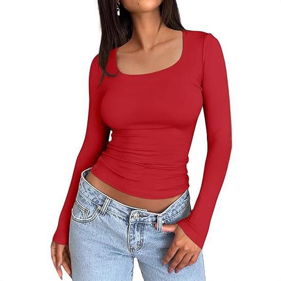 Cross-border Women's T-shirt 2025 Spring New U-neck Pullover Long Sleeve Slim Fit Basic Women's Shirt