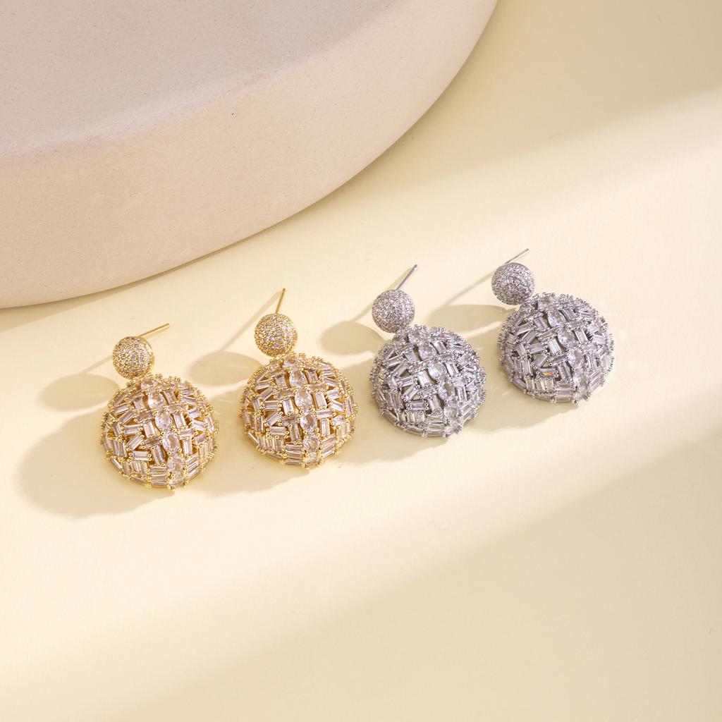 Nidin Light Luxury 3D Ball Drop Earrings For Women Shiny Baguette Cubic Zirconia Paved Round Wedding Party Prom Jewelry Gifts