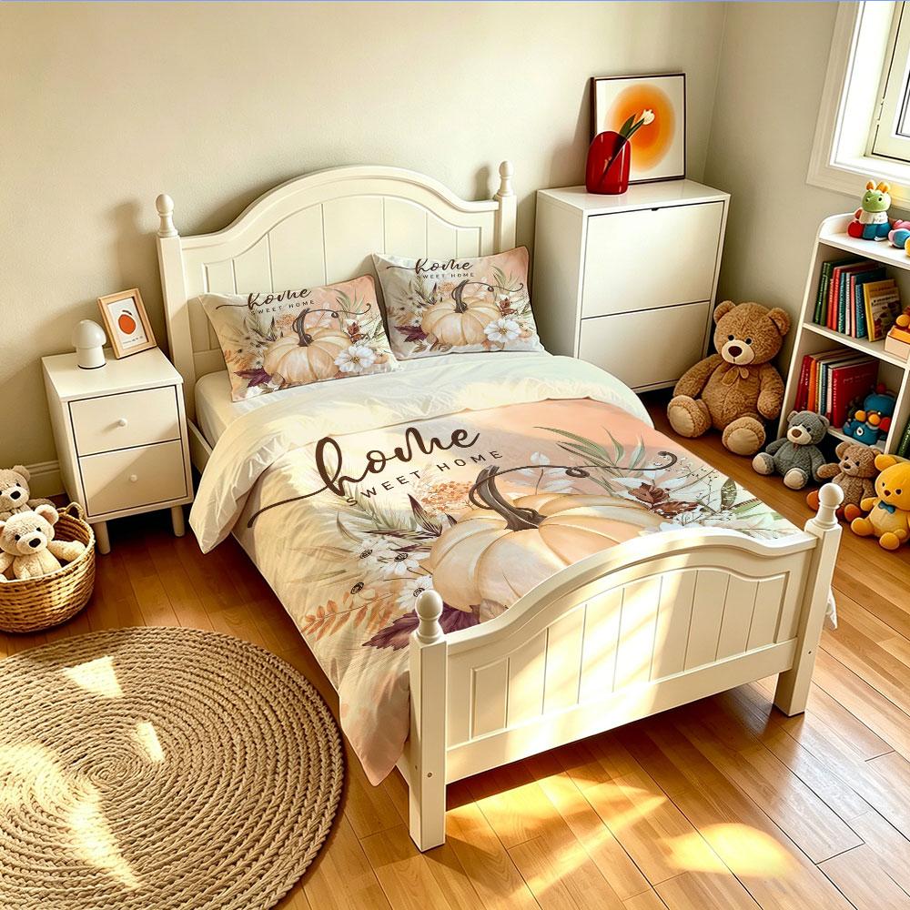 Vintage Fall Pumpkin Home Sweet Home 3Pcs Duvet Cover Set Floral Harvest Bedding Set Soft Farmhouse Bedroom Decor