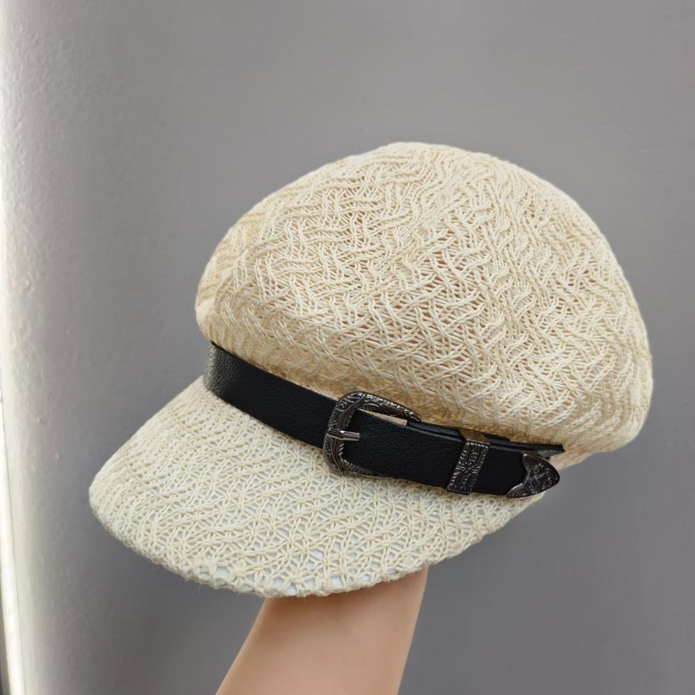 Casual Hollow-Out Woven Straw Cap Leather Buckle Breathable Octagonal Hat Sunscreen Beret Hat Woman s белый