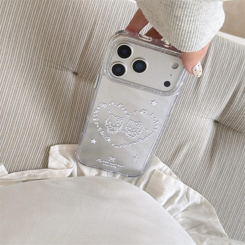 New 2026 Mirror Cartoon Cat Heart Phone Case For iPhone 17 Pro 16 15 14 Pro Max with Glitter Frame Shockproof Cover Girl