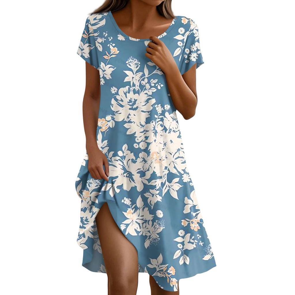 Short Sleeve Boho Dress For Women Casual Loose Fit Summer Sundress Floral Print Dress With Pockets