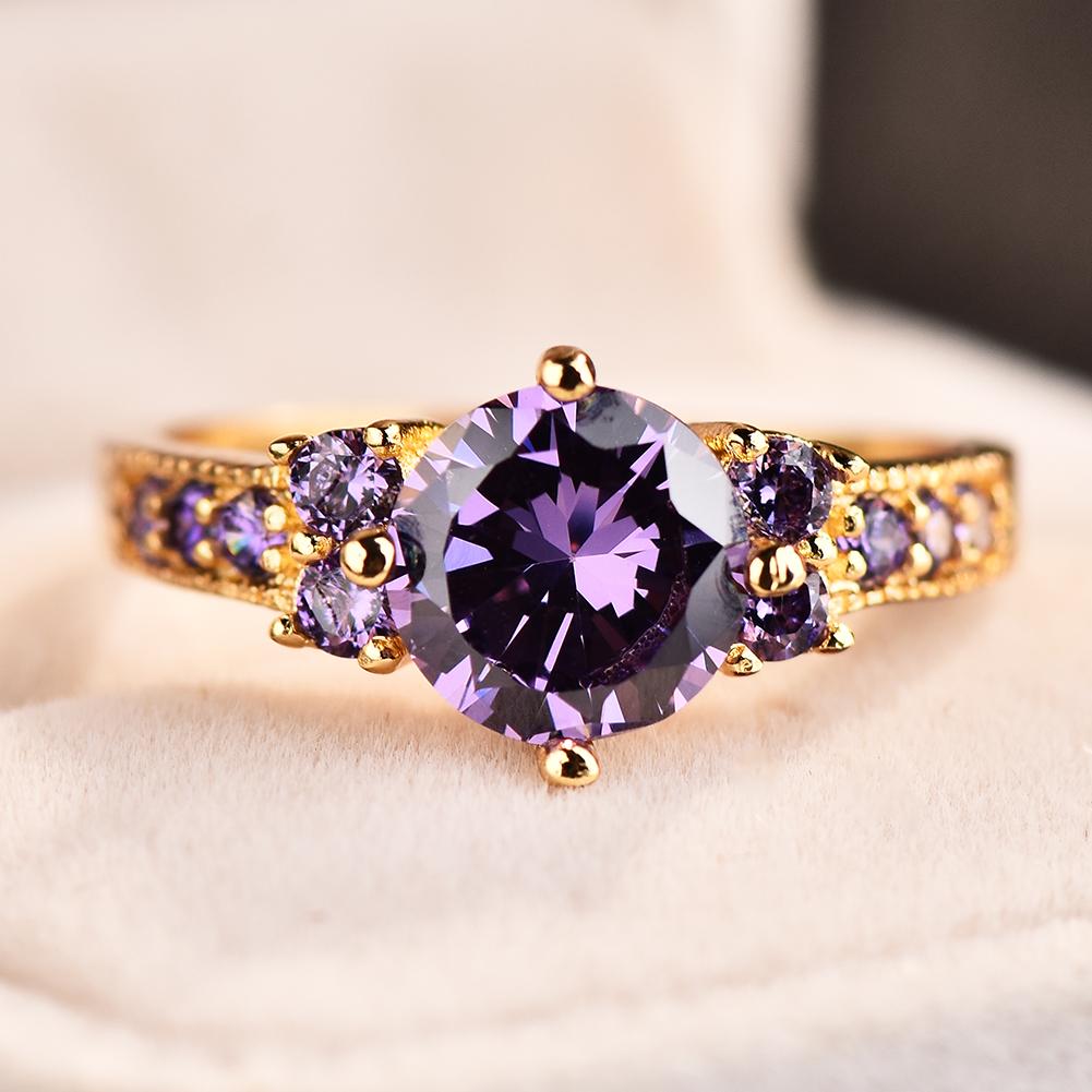 Vintage Female Purple Crystal Stone Charm Gold Color Thin Wedding Jewelry For Women Luxury Round Zircon Engagement Ring