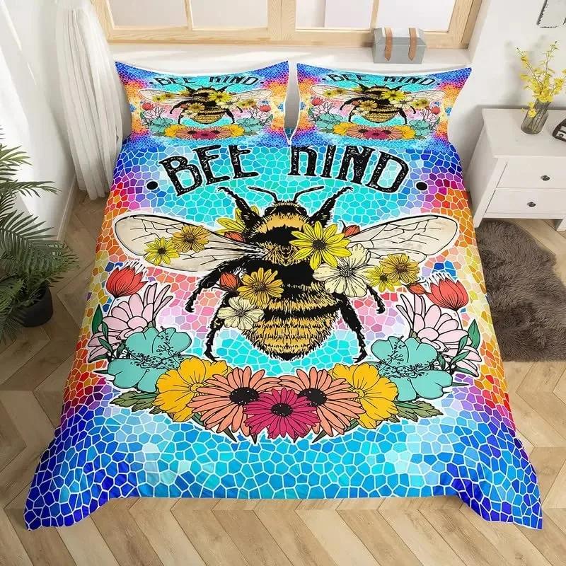 Bee And Butterfly Duvet Cover Set,Spring Floral Bedding Sets For Boys Girls,Colorful Flowers Country Style Comforter Cover Queen