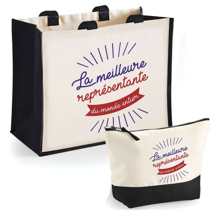 Duo cabas jute et trousse Représentante meilleure du Monde Cadeau Anniversaire Noël | Sac de courses Pochette Maquillage Shopping