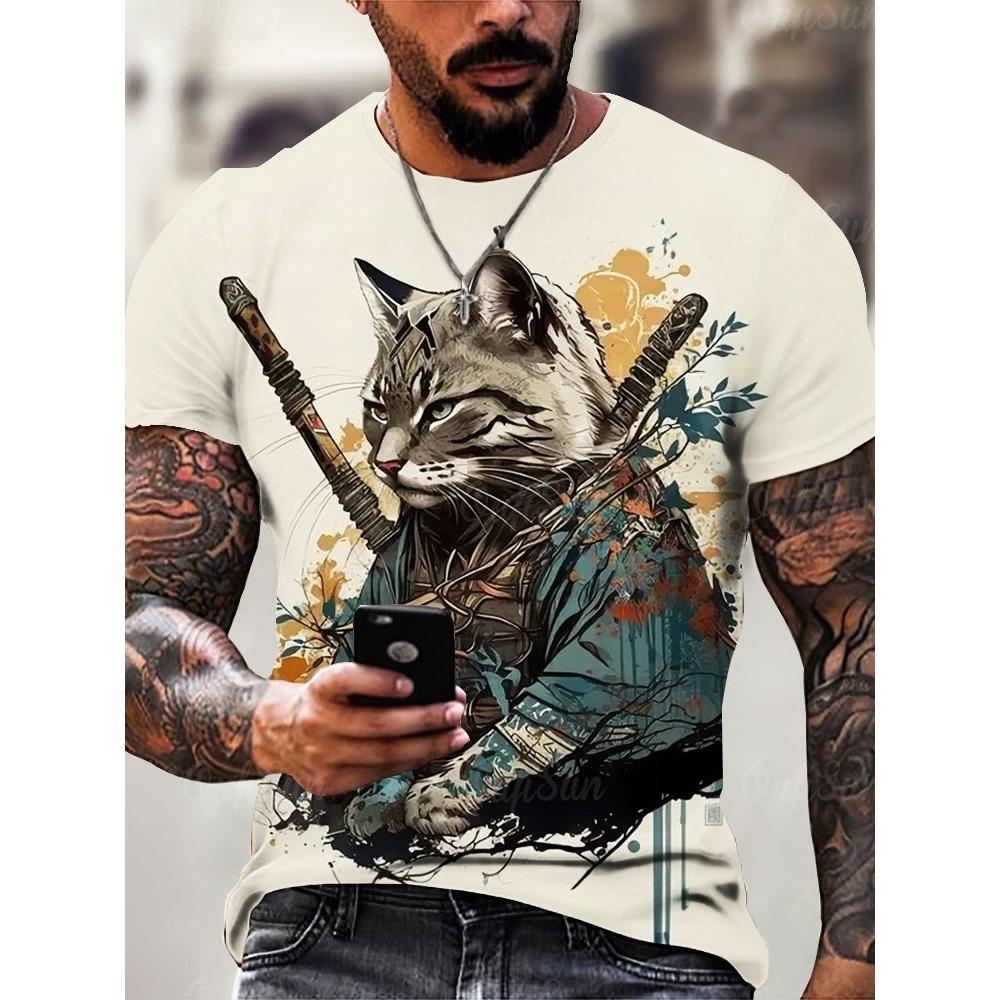 Japan Style Men's T-shirts 3D Samurai Cat Theme Print Short Sleeve T Shirts Fashion Men Women Crew Neck Tops Summer Clothing