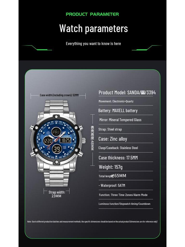 Sanda Dual Movement 5ATM Waterproof Multifunctional Steel Band Men's Watch with Alarm Clock
