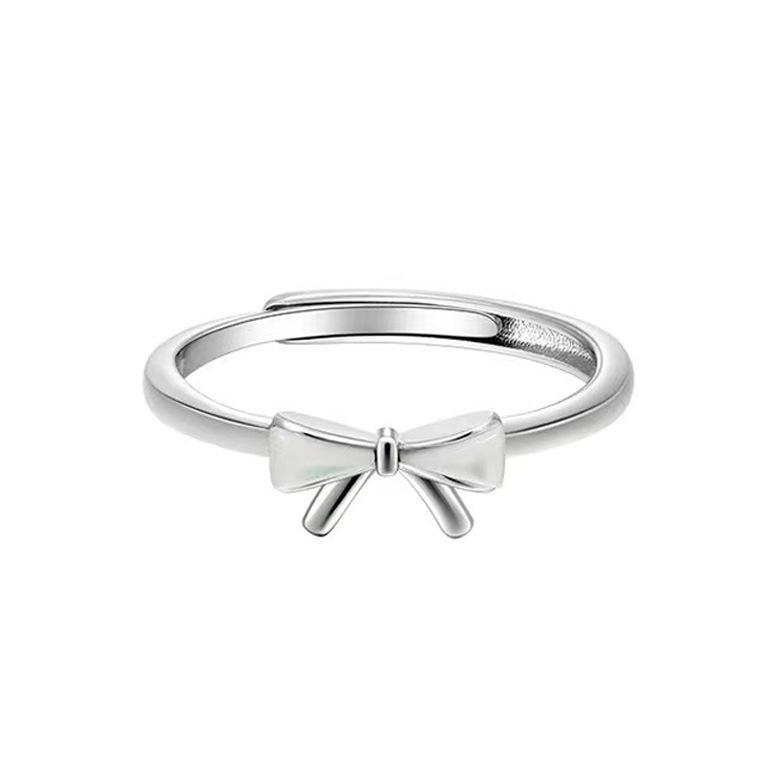 S925 Sterling Silver Mother-of-Pearl Bow Ring, Adjustable Pinky or Index Finger Design, Trendy and Fresh Style.