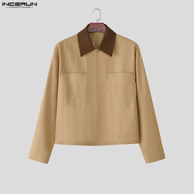 INCERUN Spring Men Stitching Neck Long Sleeve Zipper Casual Cargo Jackets Coats