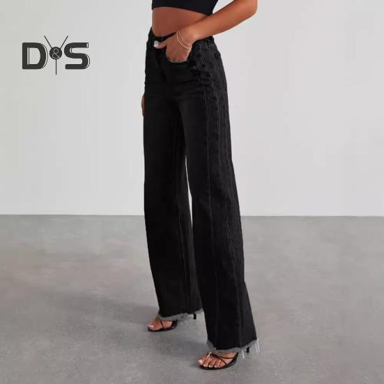 Pantalones vaqueros elásticos de cintura alta para mujer, pantalones vaqueros de pierna ancha, casuales, de pierna recta, con dobladillo deshilachado y bolsillos