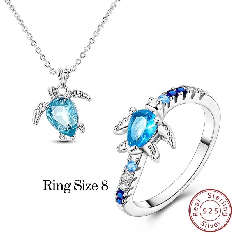 Women's 925 Silver Sparkling Blue Turtle Jewelry Set Earrings Necklace Ring Fine Birthday Gifts